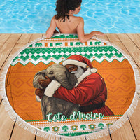Round Christmas beach blanket with Santa and elephants, green red border, white fringe