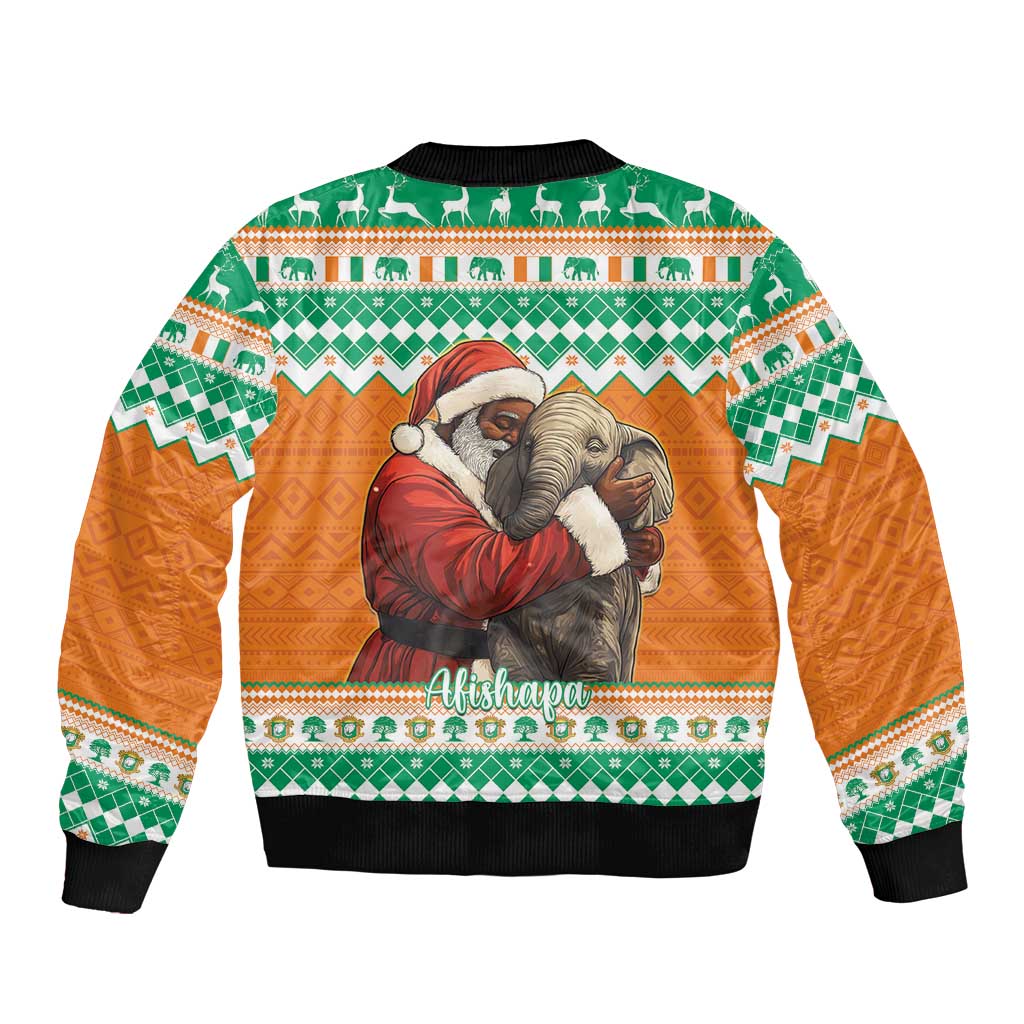 Bomber jacket with orange body, green patterned yoke, Santa and elephant graphic on back