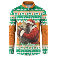Green and orange Christmas button sweatshirt with Santa hugging an elephant, patterned knit