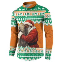 Green orange Christmas button sweatshirt with Santa and elephant, festive border pattern