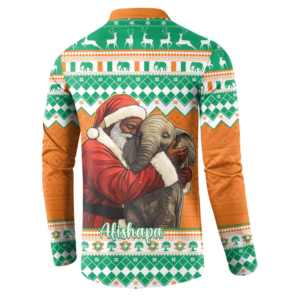 Green orange Christmas button sweatshirt showing Santa hugging an elephant, back graphic