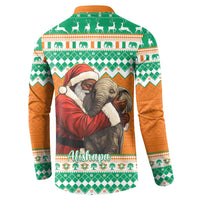 Green orange Christmas button sweatshirt showing Santa hugging an elephant, back graphic