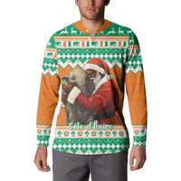 Green orange Christmas button sweatshirt, Santa with elephant on chest, patterned hem