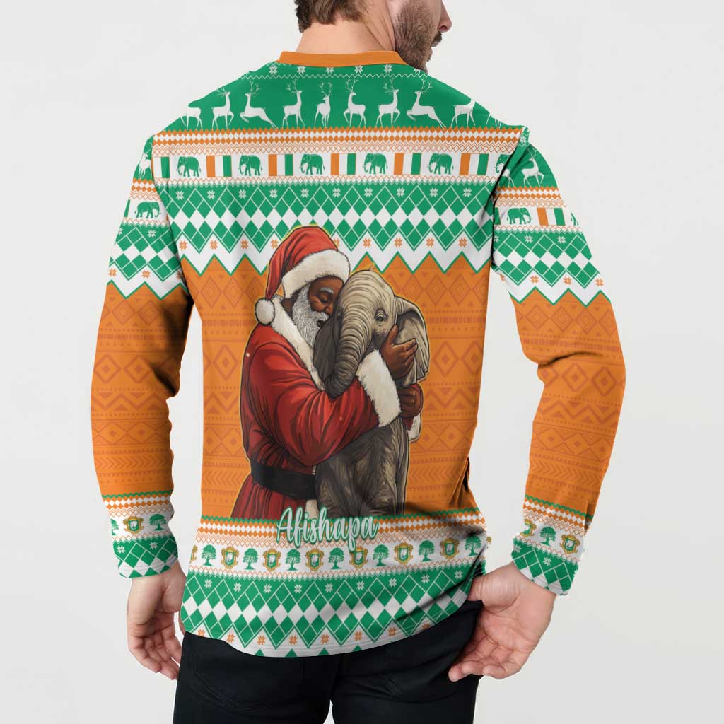 Green orange Christmas button sweatshirt, back shows Santa hugging elephant, festive motifs