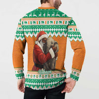 Green orange Christmas button sweatshirt, back shows Santa hugging elephant, festive motifs
