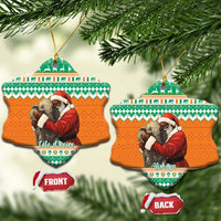 Heart-shaped ceramic Christmas ornament set, orange and green Santa hugging elephant