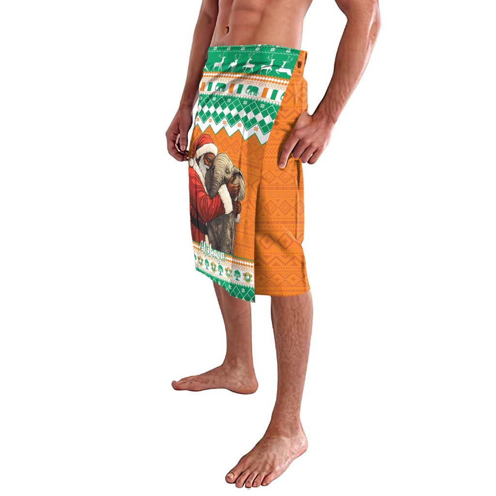 Orange lavalava skirt with green waistband and Santa elephant graphic panel