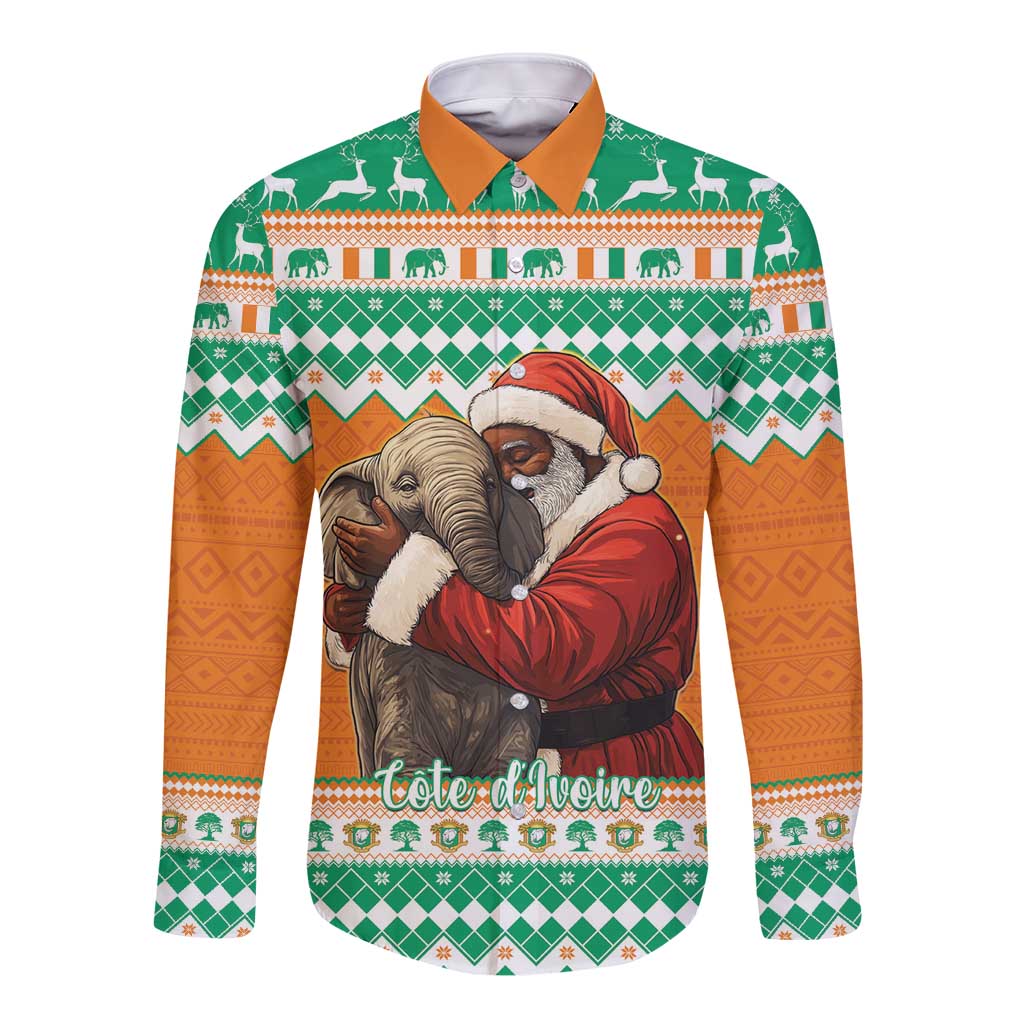 Christmas long-sleeve button shirt with green, orange holiday print and Santa-elephant front