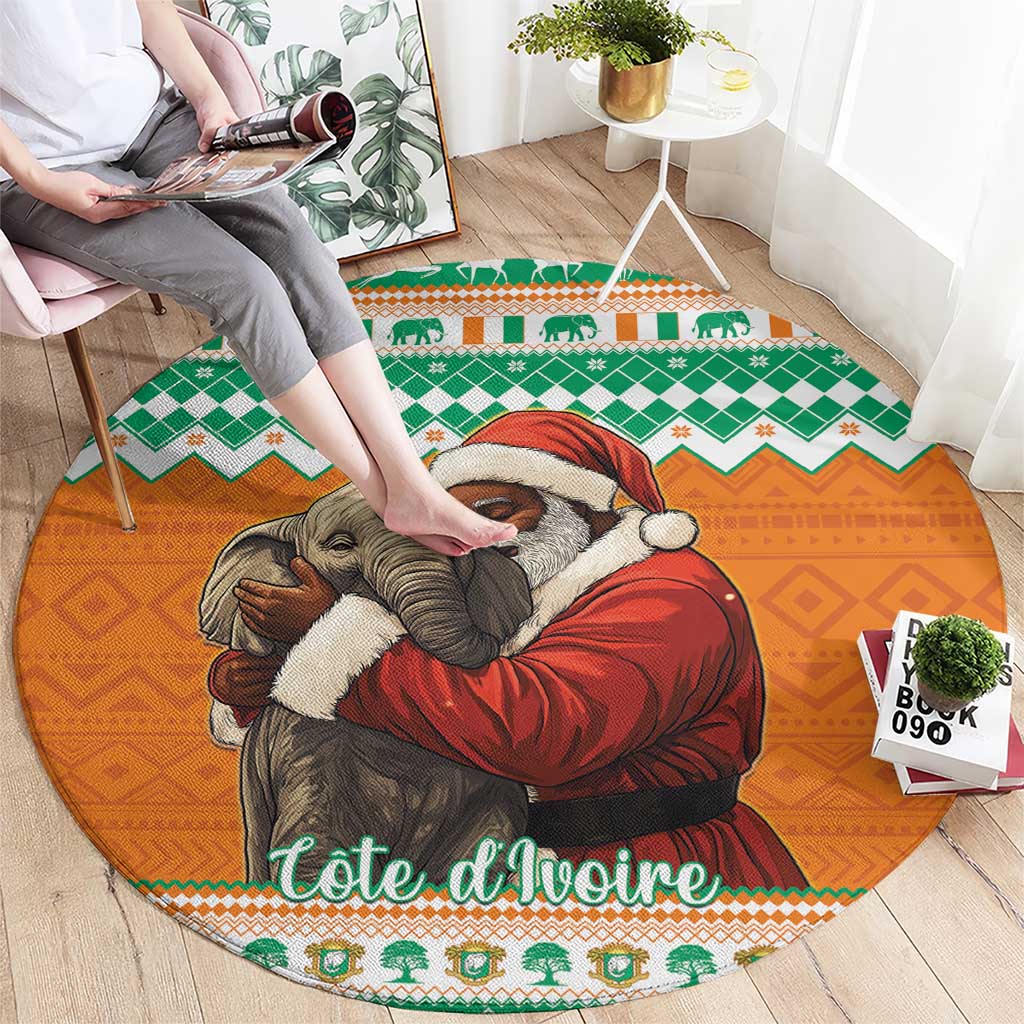 Round orange Christmas carpet; elephant hugging Santa design, green and white border, corner lifted
