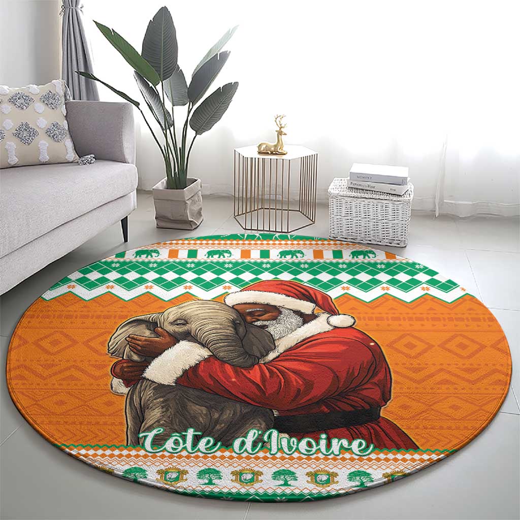 Round orange Christmas carpet with elephant hugging Santa, full circular pattern, green check border