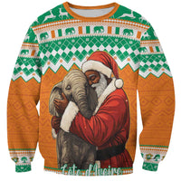 Green orange Christmas sweatshirt with Santa hugging elephant, crew neck long sleeves