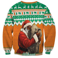 Green orange Christmas sweatshirt with elephant and Santa, festive pattern, crew neck long sleeves