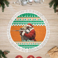 Round Christmas tree skirt with white fringe edge and elephant Santa center design
