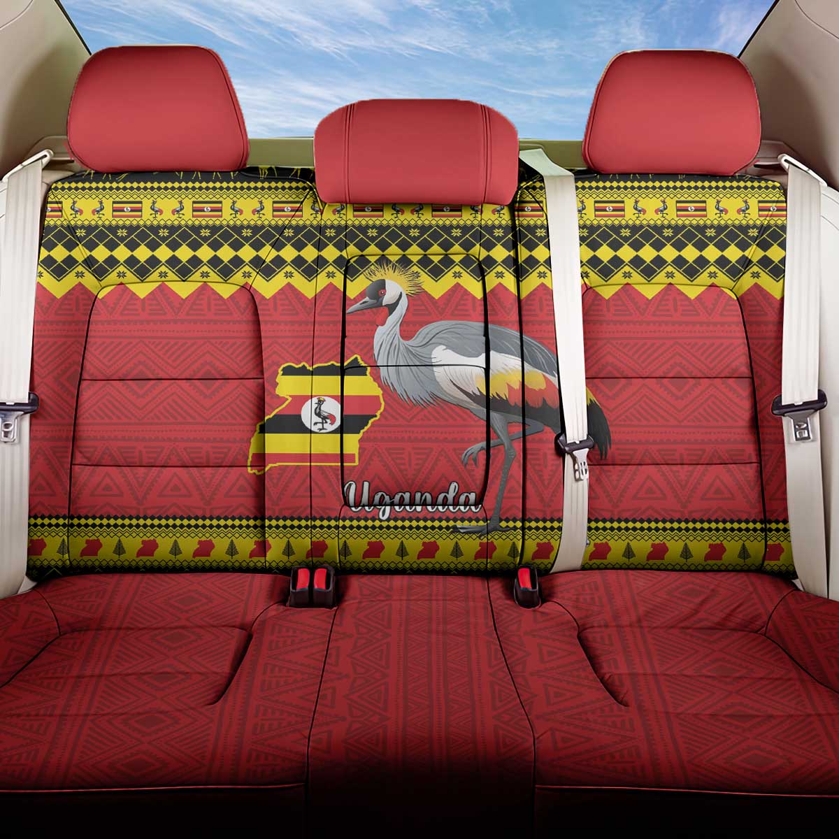 Uganda Christmas Back Car Seat Cover Grey Crowned Crane With Flag Map - Wonder Print Shop