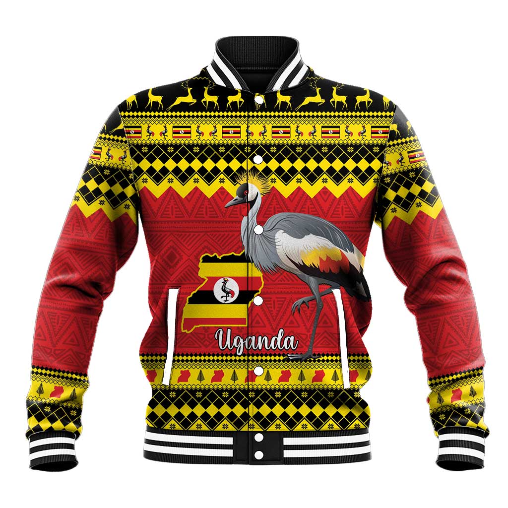 Red and yellow Christmas baseball jacket with grey crowned crane and Uganda graphic, ribbed cuffs