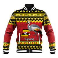 Red and yellow Christmas baseball jacket with grey crowned crane and Uganda graphic, ribbed cuffs