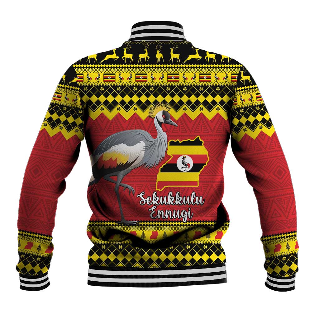 Red Christmas baseball jacket with grey crane, Uganda map patch, striped ribbed collar and hem
