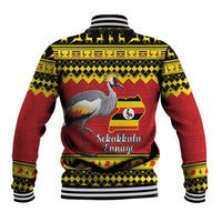 Red Christmas baseball jacket with grey crane, Uganda map patch, striped ribbed collar and hem