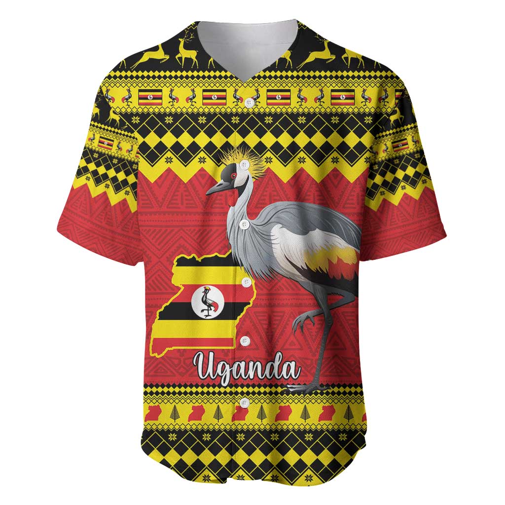 Uganda Christmas Baseball Jersey Grey Crowned Crane With Flag Map - Wonder Print Shop