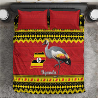 Red bedding set featuring crowned crane and Uganda map/flag, with two red pillows