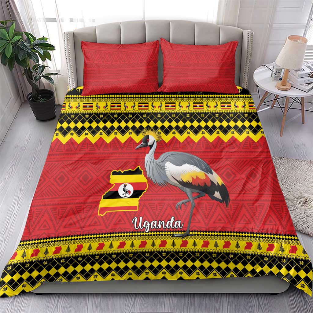 Red bedding set with crowned crane and Uganda map/flag print and two red pillows