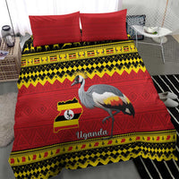 Red bedding set with crowned crane, Uganda map and flag pattern