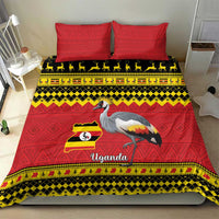 Red bedding set with crowned crane and Uganda map/flag print, two red pillows