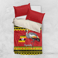 Red bedding set with crowned crane and Uganda map/flag, matching pillowcases