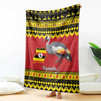 Hanging crowned crane blanket with Uganda flag map, red yellow black geometric trim