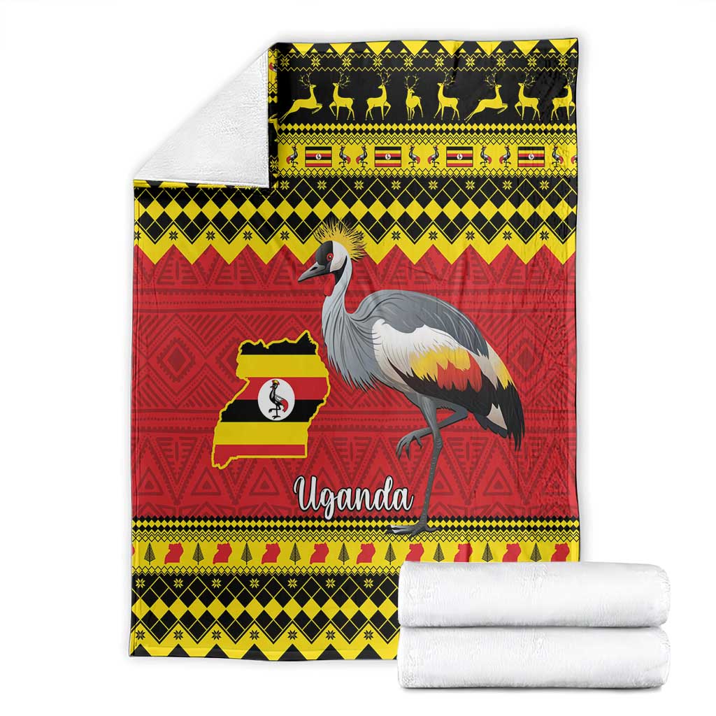 Folded crowned crane throw blanket with Uganda flag map, red yellow black design