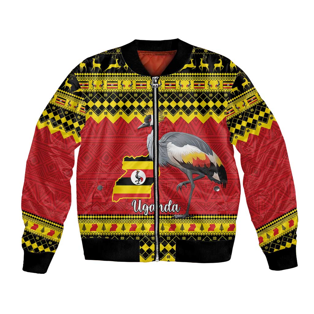 Red bomber jacket with black collar, yellow trim, crowned crane and Uganda map front