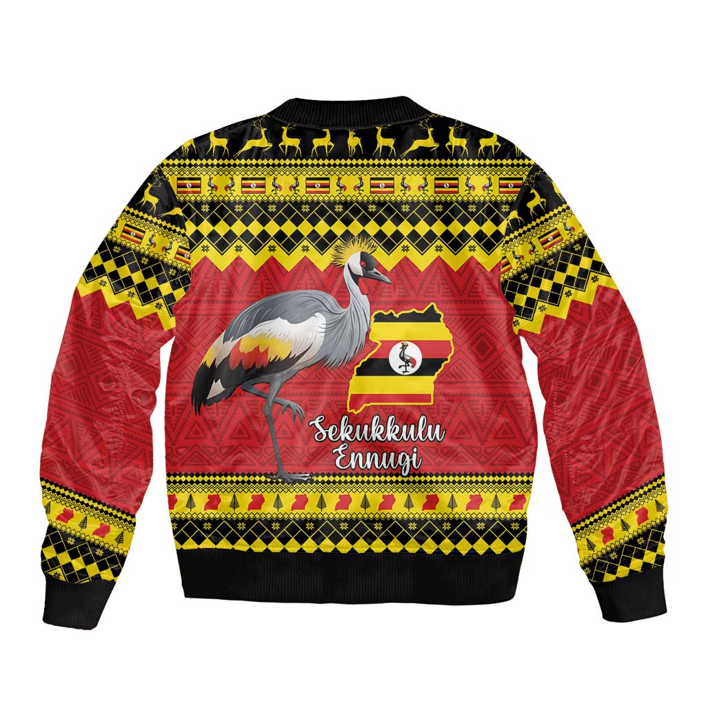Red bomber jacket with black cuffs, yellow trim, crowned crane and Uganda flag map panel