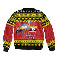 Red bomber jacket with black cuffs, yellow trim, crowned crane and Uganda flag map panel