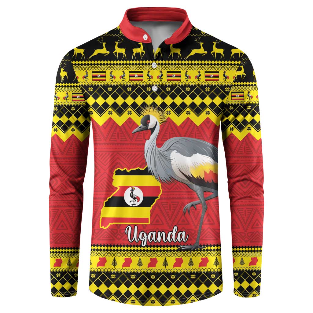 Uganda Christmas Button Sweatshirt Grey Crowned Crane With Flag Map - Wonder Print Shop