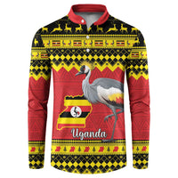 Red button-up sweatshirt with crane and Uganda flag graphic; patterned collar and cuffs