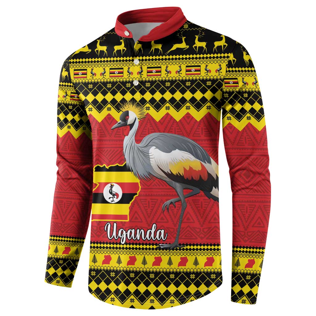 Red button-up sweatshirt with crowned crane, Uganda flag and 'Uganda' script