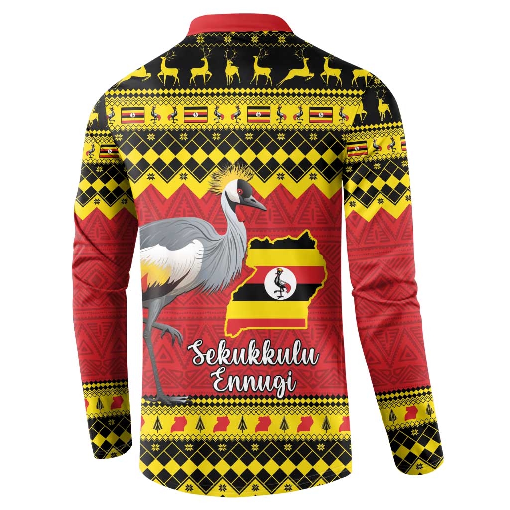 Red button-up sweatshirt with crowned crane and Uganda flag map on back panel