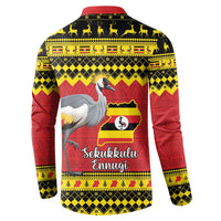 Red button-up sweatshirt with crowned crane and Uganda flag map on back panel