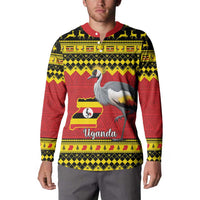 Red and black patterned button-up sweatshirt with crane and Uganda flag 'Uganda' front
