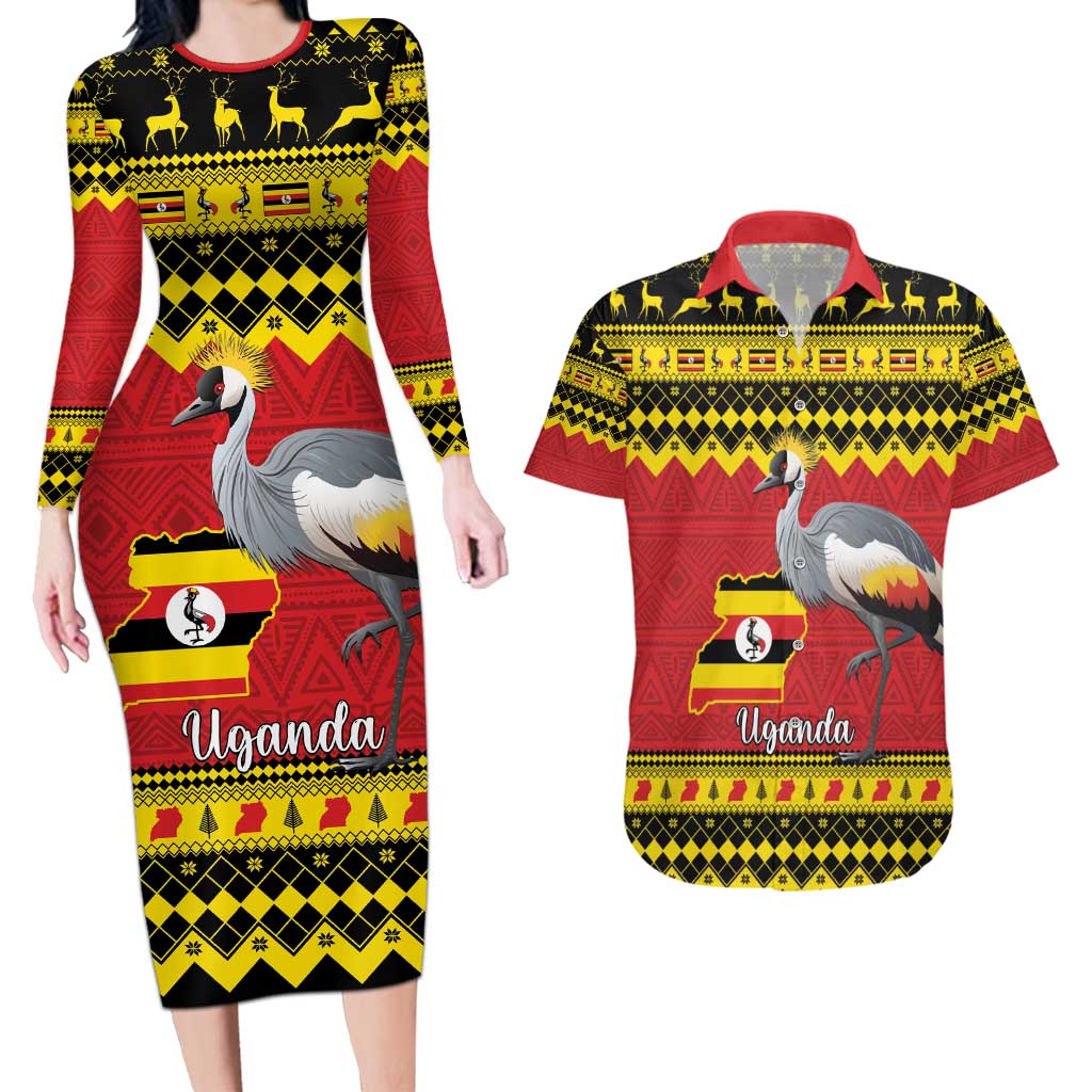 Uganda Christmas Couples Matching Long Sleeve Bodycon Dress and Hawaiian Shirt Grey Crowned Crane With Flag Map - Wonder Print Shop