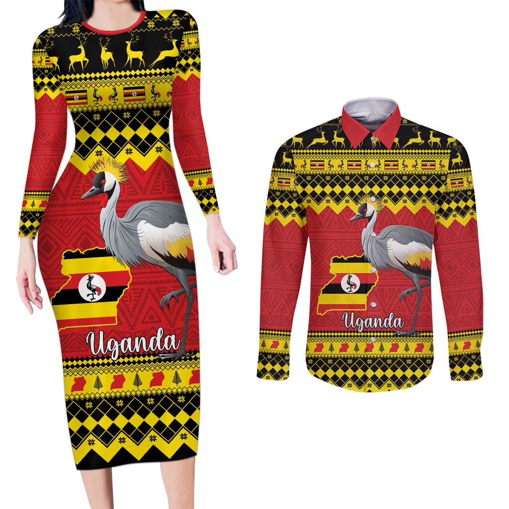 Uganda Christmas Couples Matching Long Sleeve Bodycon Dress and Long Sleeve Button Shirt Grey Crowned Crane With Flag Map - Wonder Print Shop