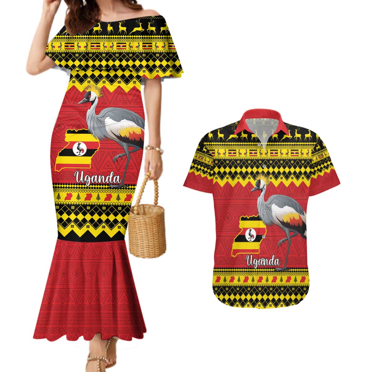 Uganda Christmas Couples Matching Mermaid Dress and Hawaiian Shirt Grey Crowned Crane With Flag Map - Wonder Print Shop