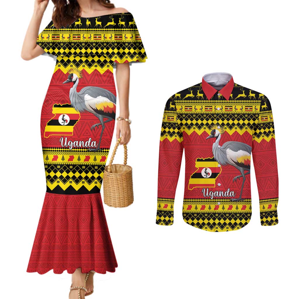 Uganda Christmas Couples Matching Mermaid Dress and Long Sleeve Button Shirt Grey Crowned Crane With Flag Map