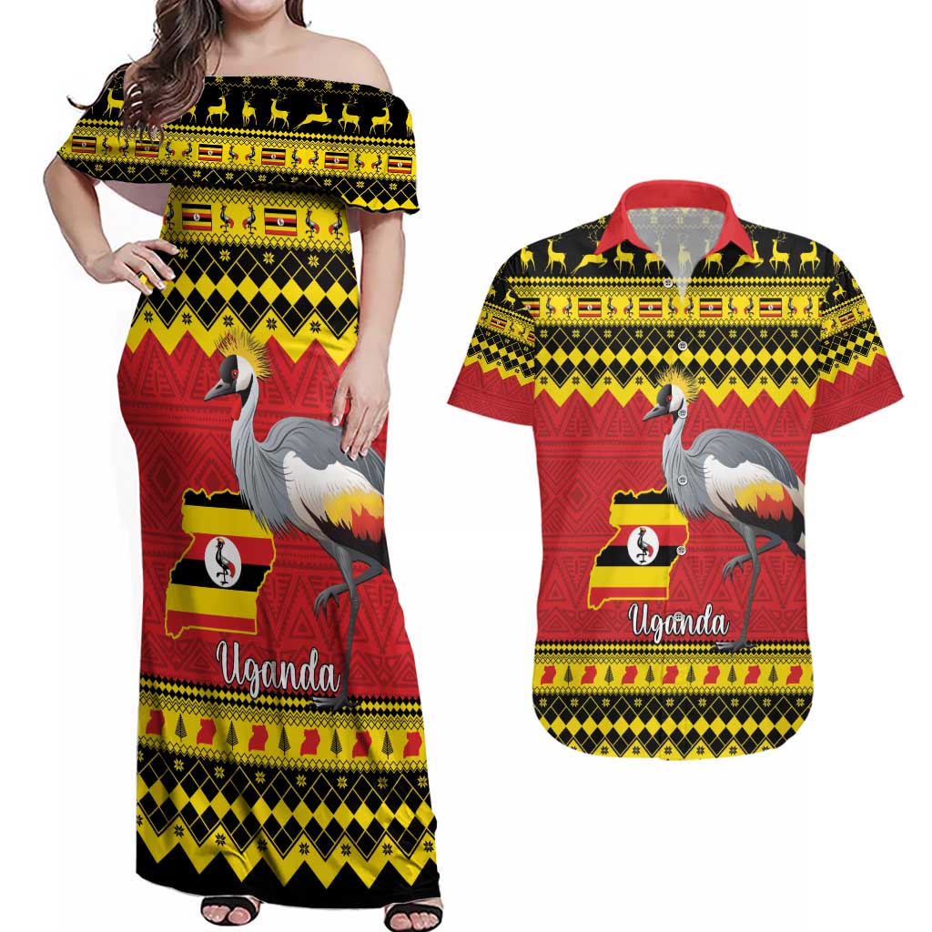 Uganda Christmas Couples Matching Off Shoulder Maxi Dress and Hawaiian Shirt Grey Crowned Crane With Flag Map - Wonder Print Shop