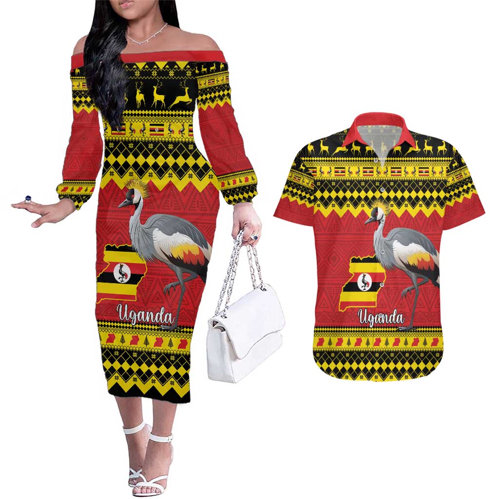 Uganda Christmas Couples Matching Off The Shoulder Long Sleeve Dress and Hawaiian Shirt Grey Crowned Crane With Flag Map - Wonder Print Shop