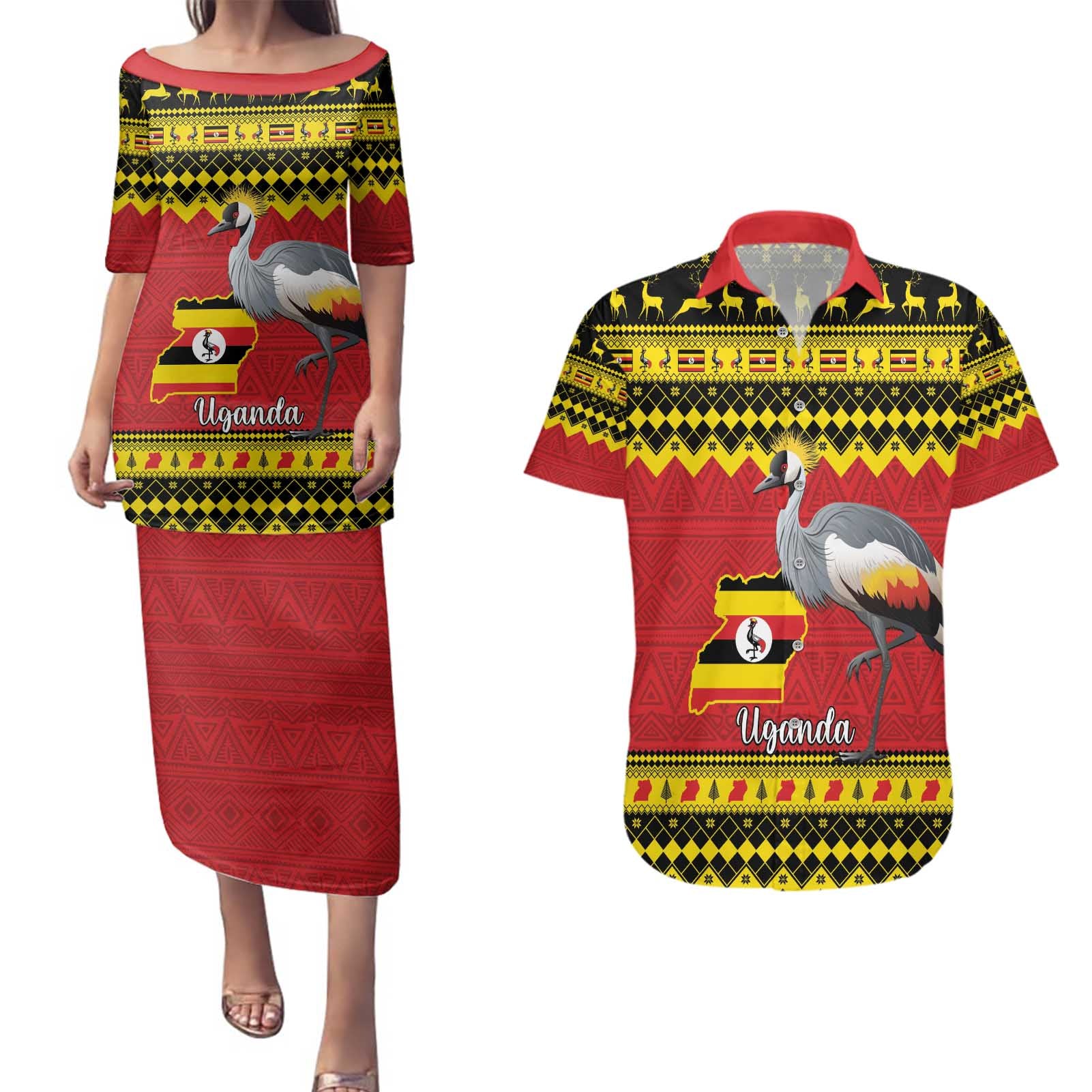 Uganda Christmas Couples Matching Puletasi and Hawaiian Shirt Grey Crowned Crane With Flag Map - Wonder Print Shop