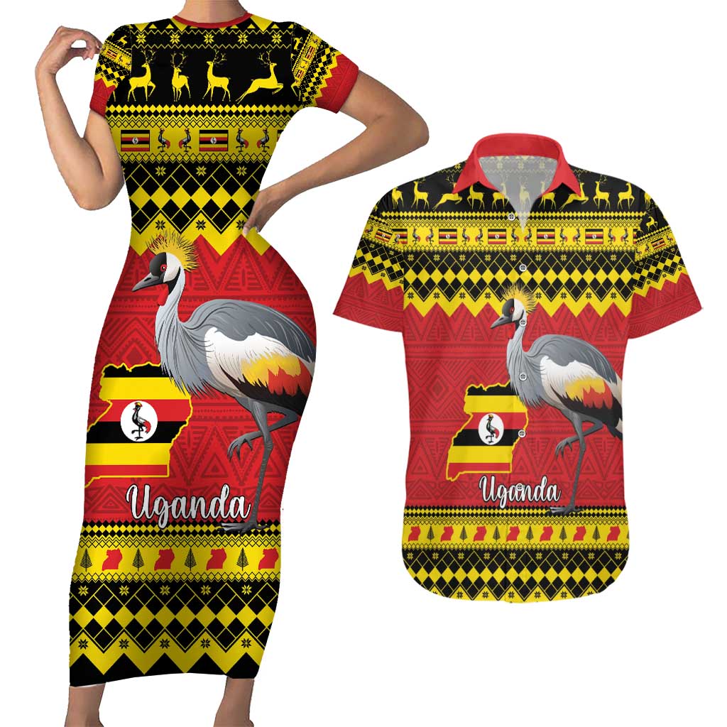 Uganda Christmas Couples Matching Short Sleeve Bodycon Dress and Hawaiian Shirt Grey Crowned Crane With Flag Map - Wonder Print Shop