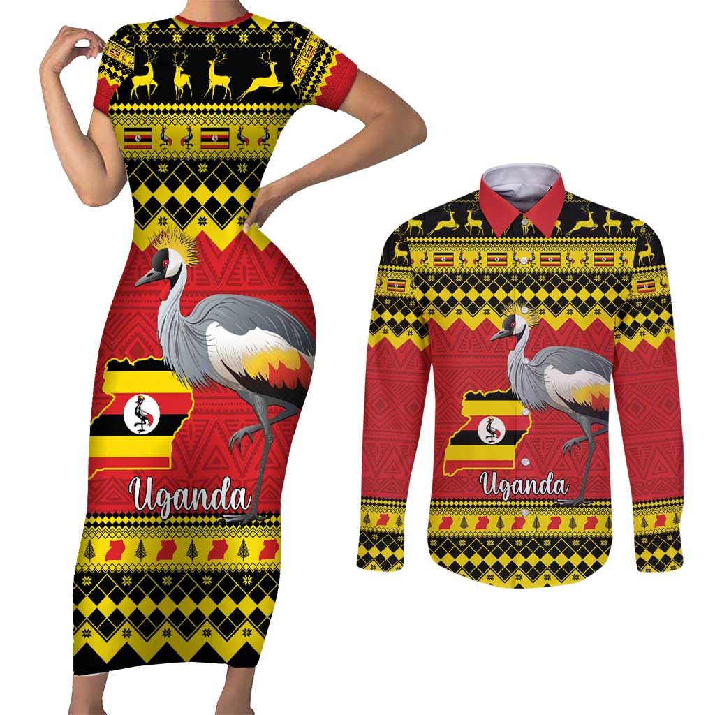 Uganda Christmas Couples Matching Short Sleeve Bodycon Dress and Long Sleeve Button Shirt Grey Crowned Crane With Flag Map - Wonder Print Shop