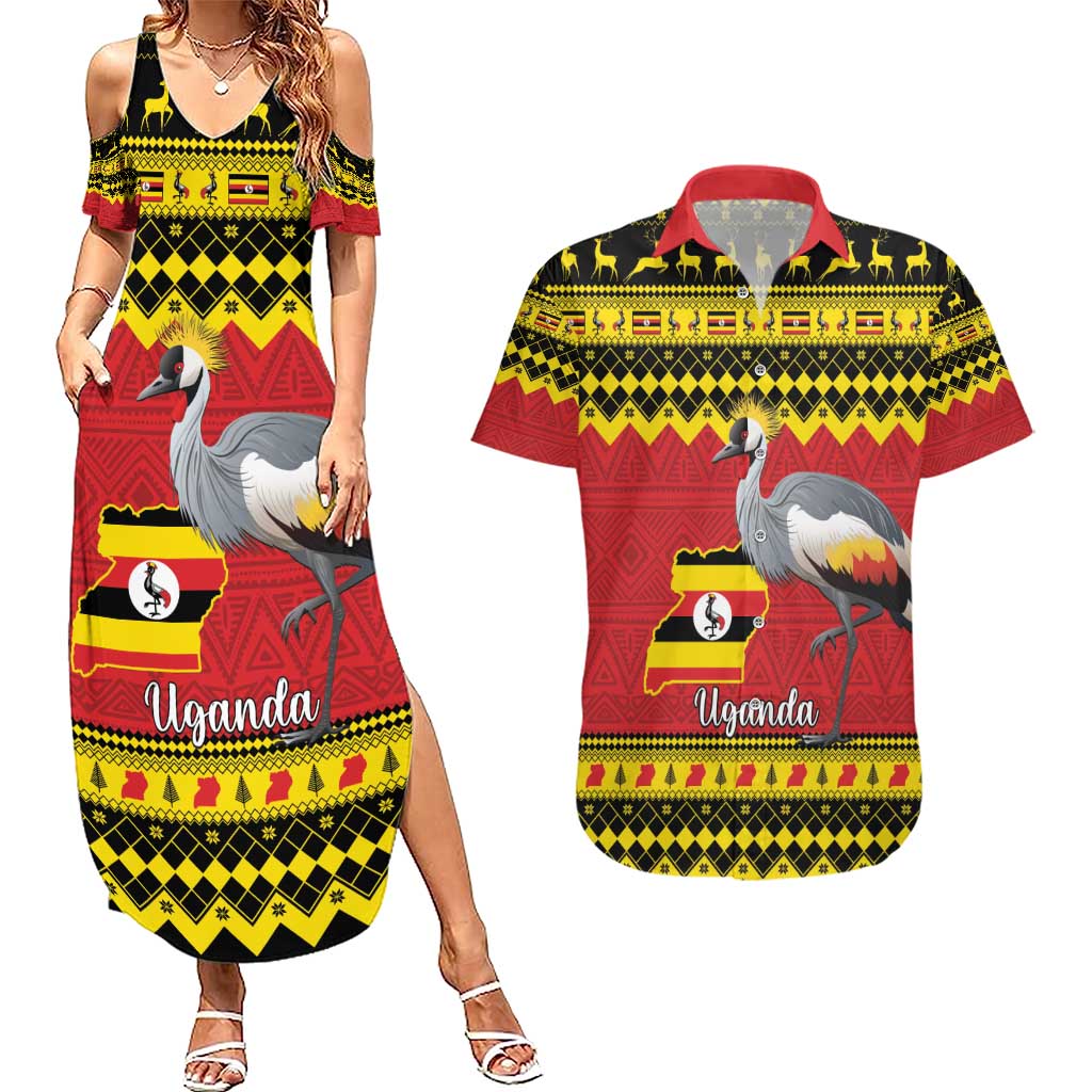 Uganda Christmas Couples Matching Summer Maxi Dress and Hawaiian Shirt Grey Crowned Crane With Flag Map - Wonder Print Shop