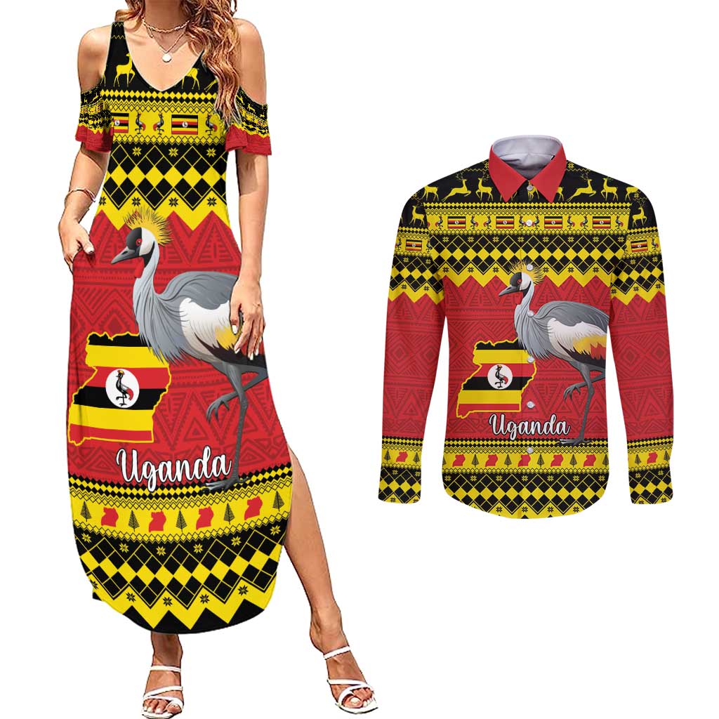 Uganda Christmas Couples Matching Summer Maxi Dress and Long Sleeve Button Shirt Grey Crowned Crane With Flag Map - Wonder Print Shop